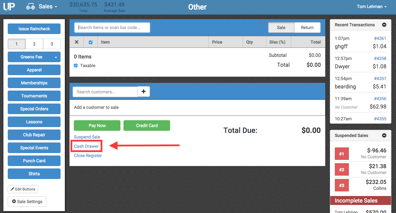 Opening your Cash Drawer foreUP (800.929.5737)