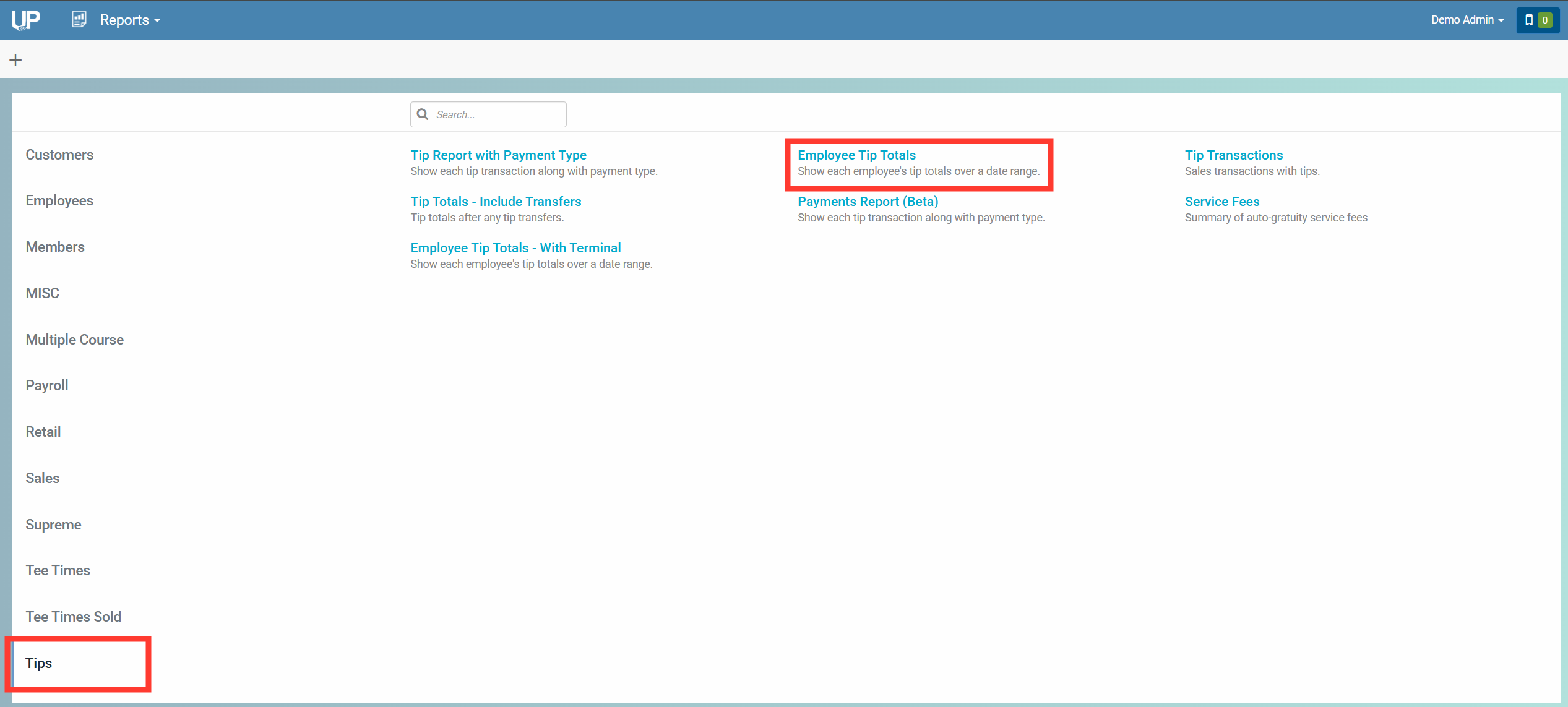 Employee Tip Totals report selection in foreUP
